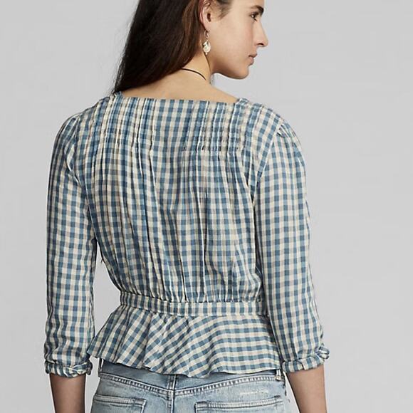 Double RL Ralph Lauren Gingham Voile Peplum Blouse Size 3/M - Picture 2 of 15